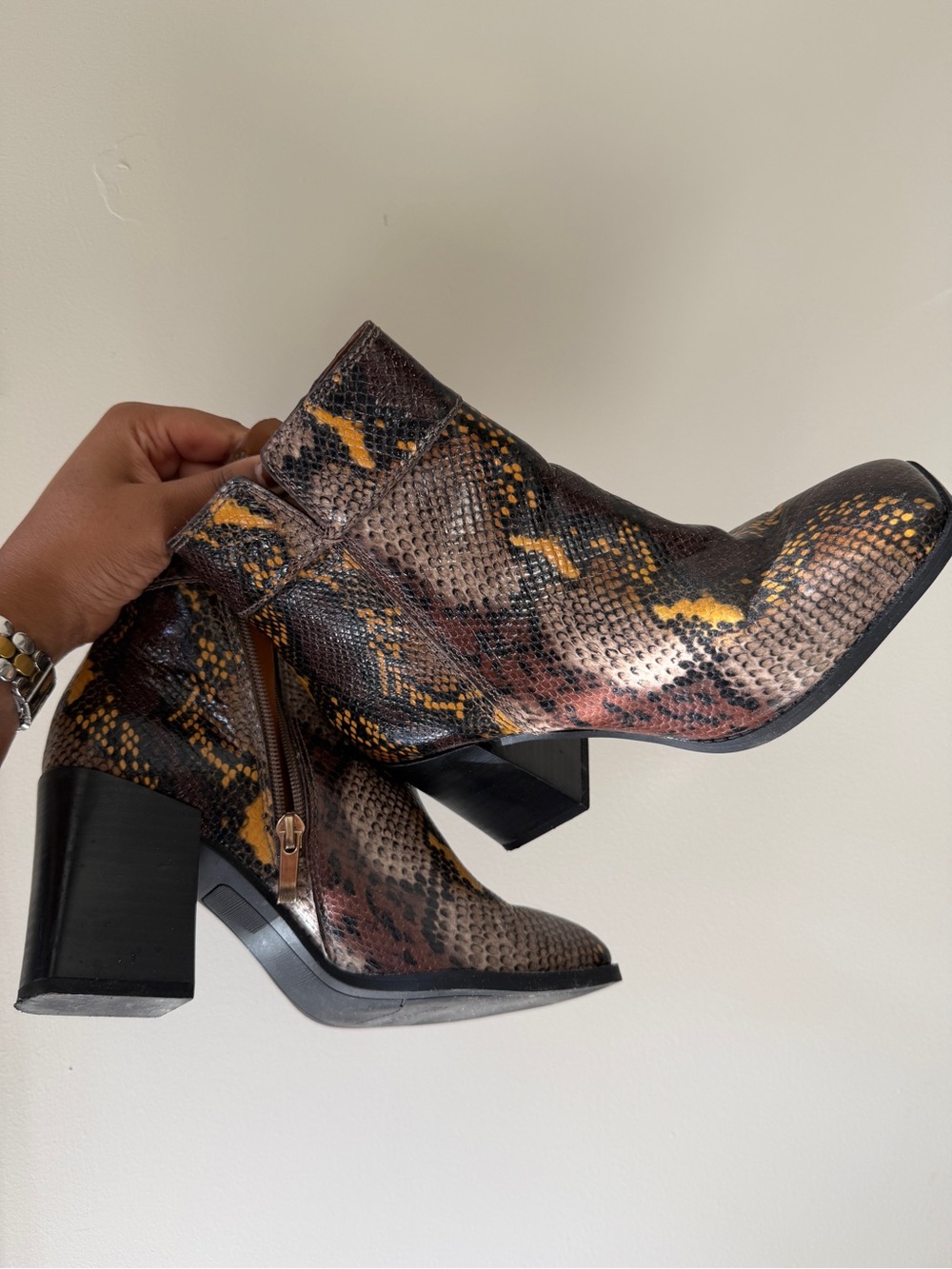 Franco Sarto Snake-Print Leather Block Heel Ankle Boots